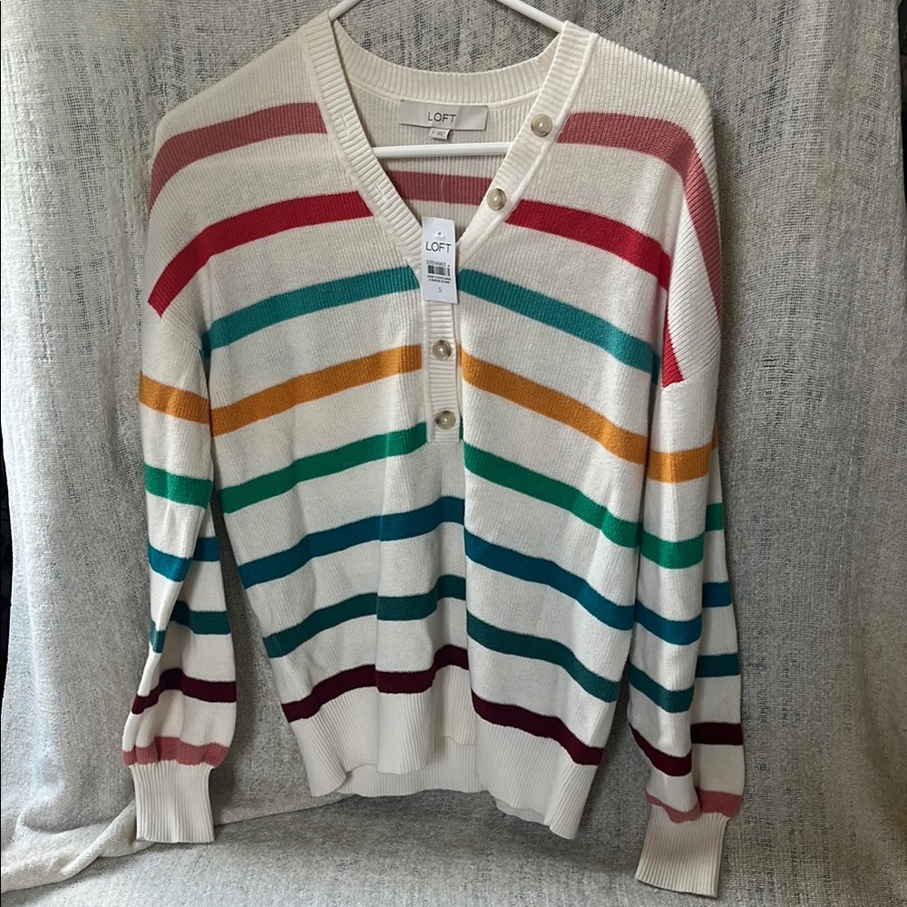 LOFT White and Blue Cardigan Sweater V-Neck Knit